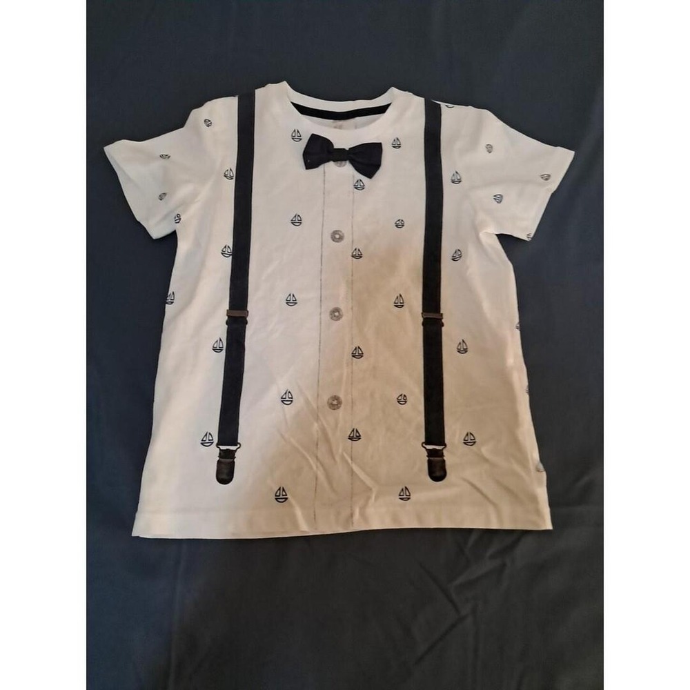 H&M Sailboat Bowtie Suspenders T-shirt Boys 18-24M White Nautical Preppy